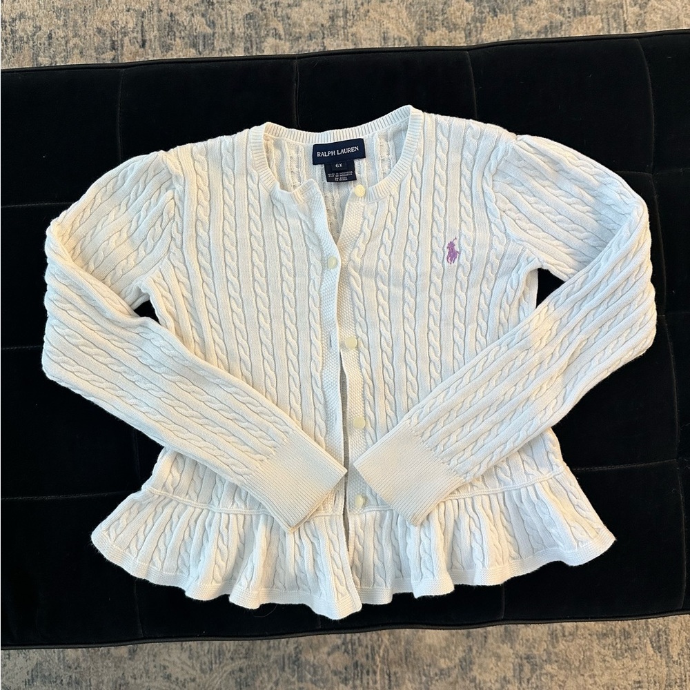 Ralph Lauren Girls white cable knit open Sweater - Size 6X - EUC